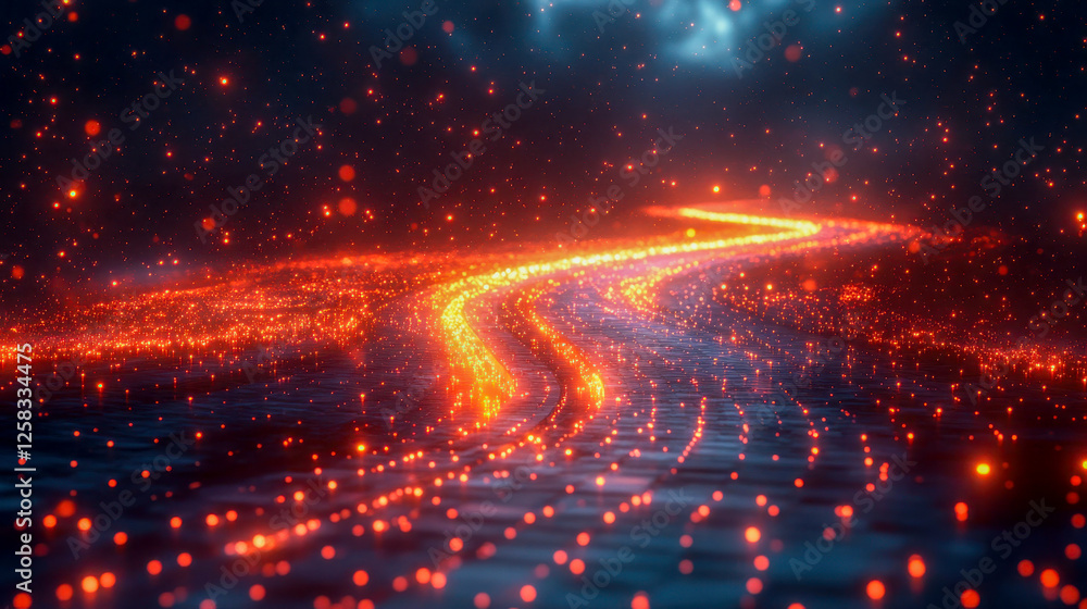 Poster a futuristic data visualization with glowing orange particles forming a circular digital network, re