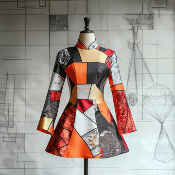 Stylish dress with abstract geometric patterns in vibrant colors