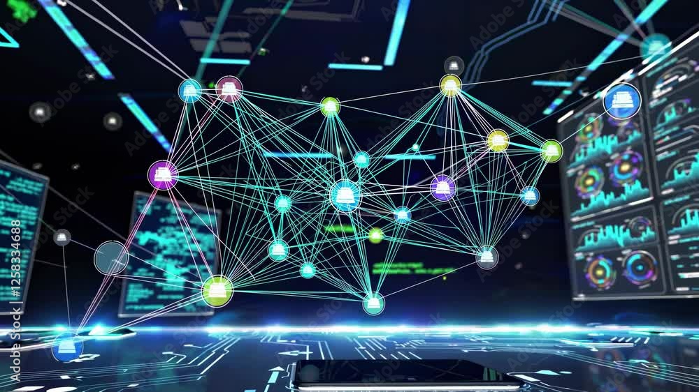 Poster Exploring a digital network with vibrant connections and interactive technology in a futuristic setting