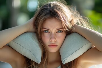 Anger Woman using pillow close her ears avoid noisy sound disturb from outdoors