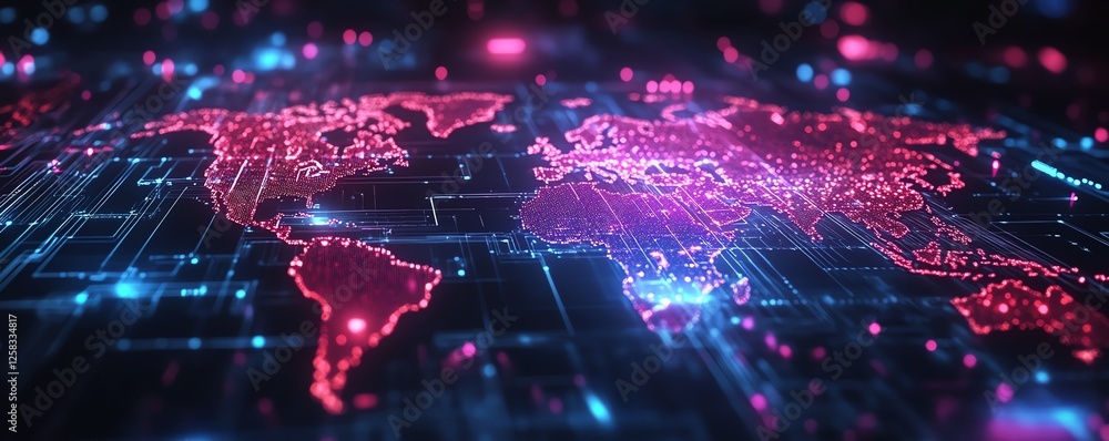 Poster cybersecurity hologram on world map, lock circuit graphics, digital security and cyberattack concept