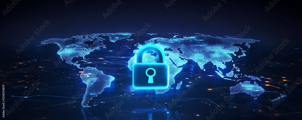 Poster cybersecurity hologram on world map, lock circuit graphics, digital security and cyberattack concept