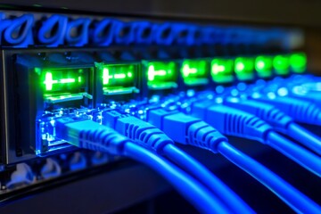 Network Switch with Connected Ethernet Cables, High-Tech Data Center Infrastructure