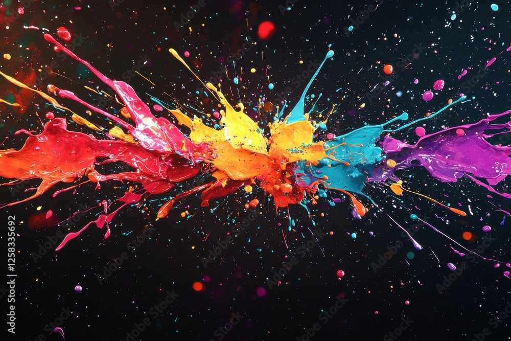 Poster an abstract, vibrant explosion of colorful paint splatters against a dark background, creating a dyn
