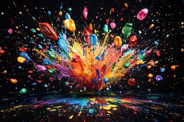 An abstract explosion of vibrant paint creates a dynamic splash, showcasing a spectrum of colors...