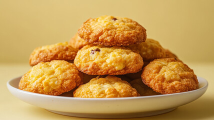 A plate of homemade cookies on a yellow background.