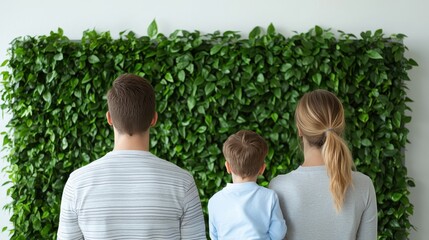 A family stands together, facing a lush green wall filled with vibrant foliage, creating a serene and natural atmosphere.
