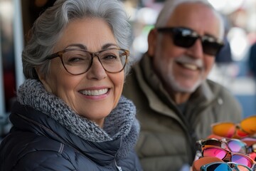 Obraz premium A radiant smiling woman poses with sunglasses in hand, capturing a playful spirit and vibrant atmosphere at a bustling outdoor market with joyful colors all around.