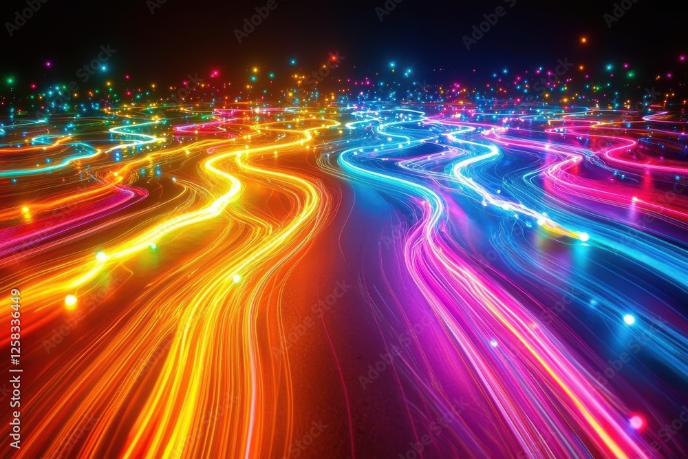 Poster a vibrant display of colorful light streaks cascading across a dark surface, conveying dynamic movem