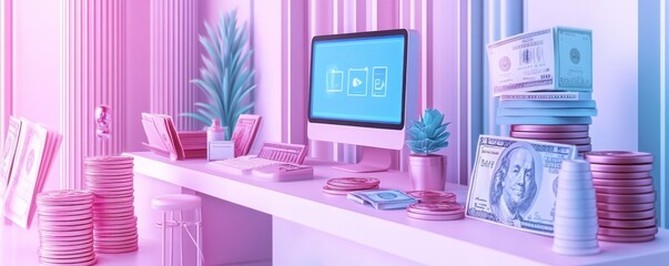 A vibrant workspace featuring a pink and blue aesthetic, computer, money, and decorative plants, creating a modern, inviting atmosphere.