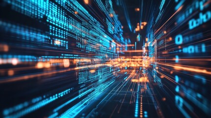 Abstract Data Stream Visualization with Blue Code and Orange Rays