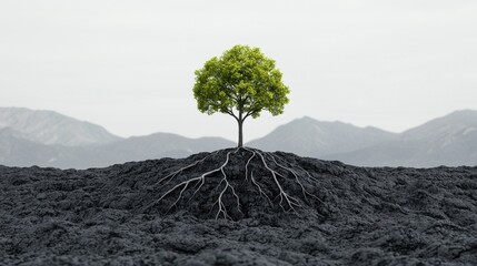 Isolated Green Tree Growing from Dark Volcanic Soil Background