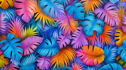 Vibrant Tropical Leaves Background with Colorful Patterns and Textures