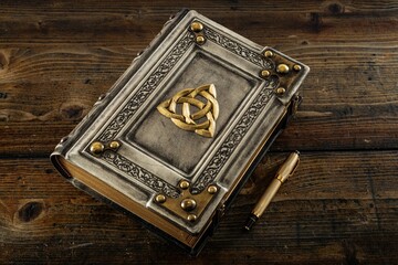 White leather book with the triquetra symbol 