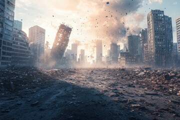 A desolate cityscape scarred by destruction, showcasing collapsed buildings and debris-strewn streets, under a hazy, smoke-filled sky during the daytime.
