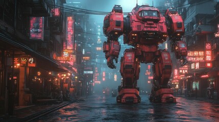 Giant red robot strides through neon-lit city street