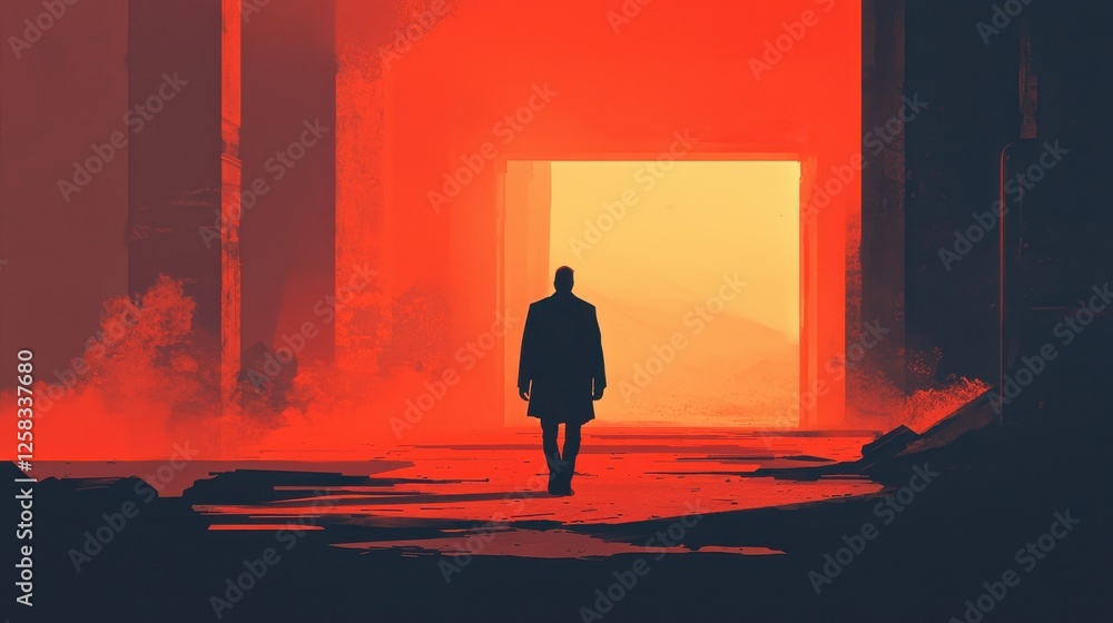 Poster mysterious figure walking towards bright light in abstract setting
