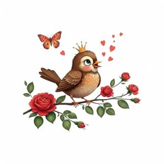 A whimsical illustration of a playful brown bird singing while perched on a blossoming branch