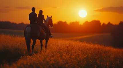 Fototapeta premium A lone horseback rider gallops across a golden field at sunset, surrounded by a glowing sky and tall grass