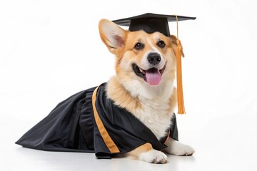 Adorable Corgi Wearing Graduation Cap and Gown on White Background