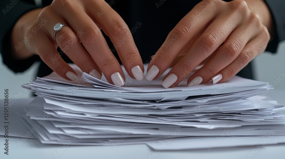 Aufkleber hands arranging a stack of documents on a table in an office environment during daylight