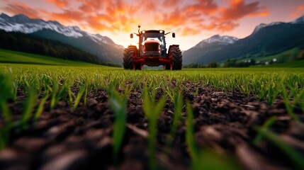 Fototapeta premium A bright red tractor dominates a lush green field under an expansive sky painted in vibrant sunset colors, illustrating hard work and the beauty of rural life.
