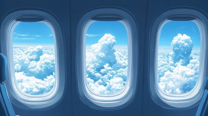 cloud 2025 outside the plane window, four airplane windows open white window shutter wide with blue sky view and white cloud in 2024 shape