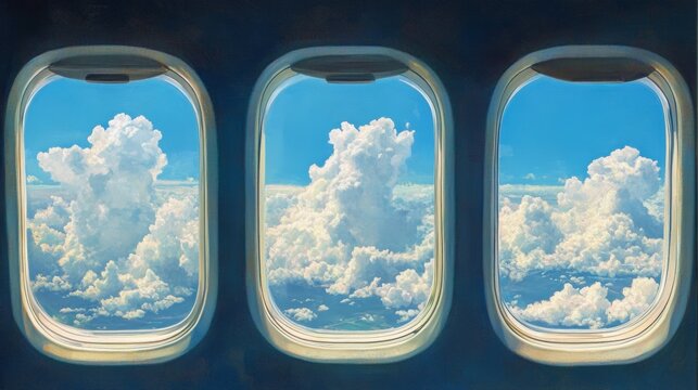 cloud 2025 outside the plane window, four airplane windows open white window shutter wide with blue sky view and white cloud in 2024 shape