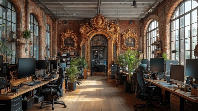 Modern office in renovated brick building, sunlight streams in.