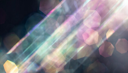 Blurred bokeh crash crystal flare diamond prism texture, vintage camera glare. Effect Template for social media background illustration. Dark black background.