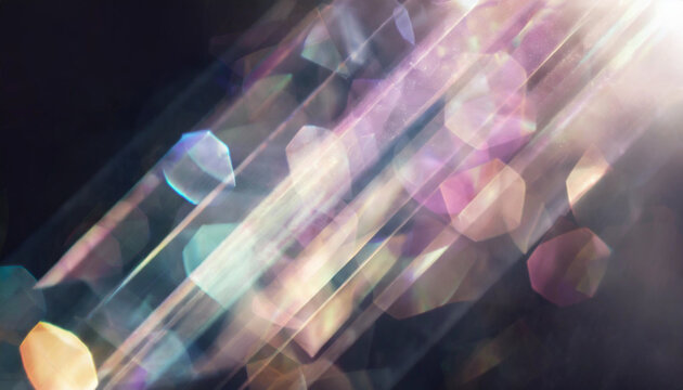 Blurred bokeh crash crystal flare diamond prism texture, vintage camera glare. Effect Template for social media background illustration. Dark black background.