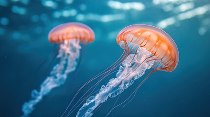 Two Glowing Orange Jellyfish Underwater