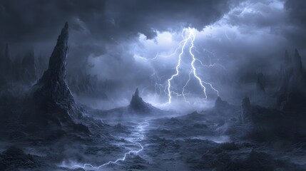 Dramatic Lightning Strikes Across a Dark Fantasy Landscape with Jagged Peaks and Ominous Clouds