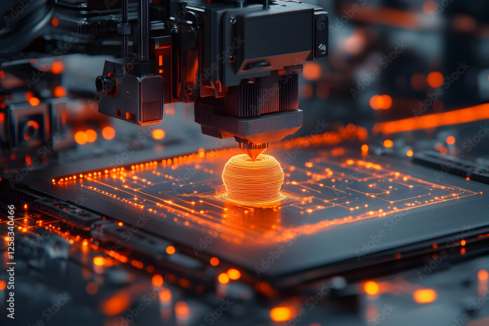 Poster 3d printer creating a sphere on circuit board. high-tech manufacturing process. potential use for te