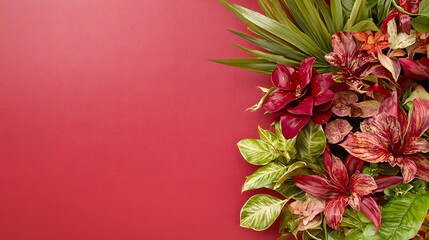 Vibrant Floral Arrangement with Red and Green Leaves on Background