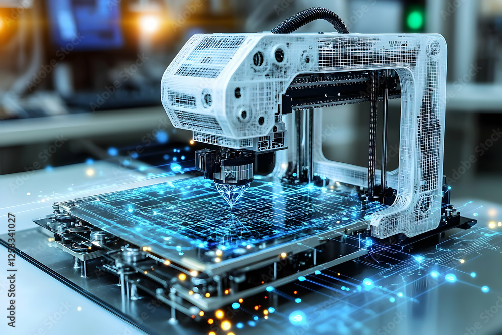 Poster 3d printer in a modern factory setting. possible use industrial technology showcase