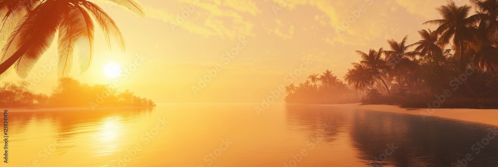Aufkleber sunset over tropical lagoon with palm trees reflecting in calm water near beach. generative ai