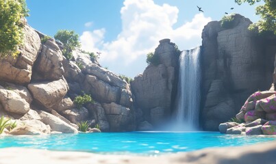 Serene waterfall cascading into turquoise pool, sunny day, lush vegetation, birds flying