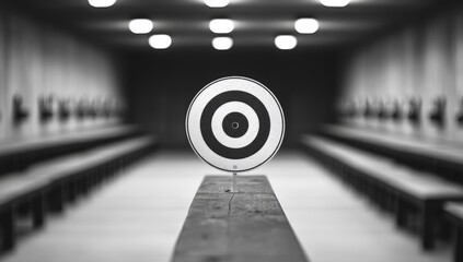 A black and white vector illustration of an air pistol target in the center with focus on it,