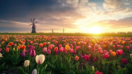 Campo de tulipanes multicolores al atardecer con molinos de viento en el fondo, creando un paisaje primaveral icónico y pintoresco