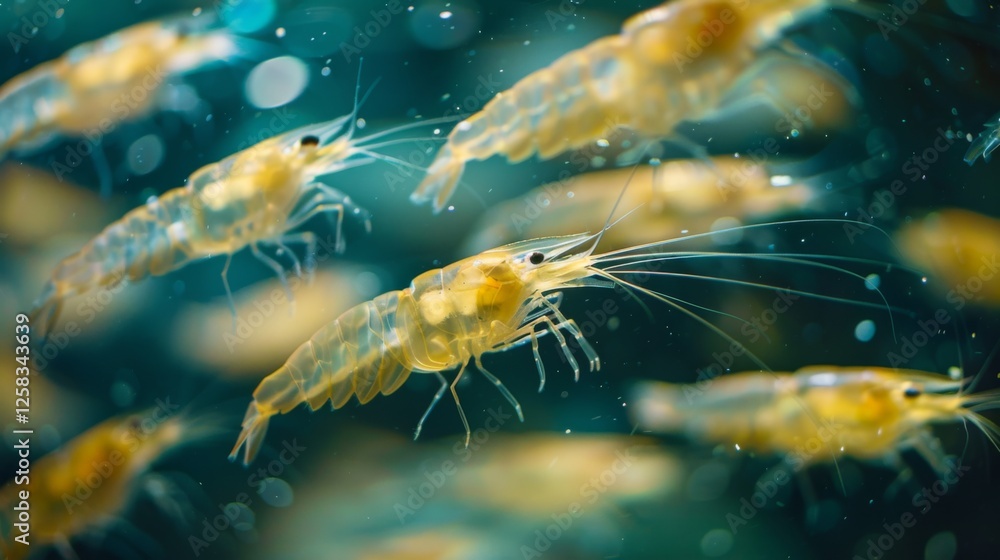 Poster numerous small shrimp glide effortlessly through a vibrant underwater environment, displaying delica