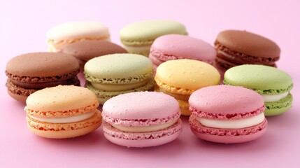 Fototapeta premium Colorful macarons on pink background, dessert