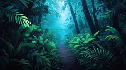 Fototapeta premium Lush Green Jungle Pathway Surrounded by Dense Tropical Foliage