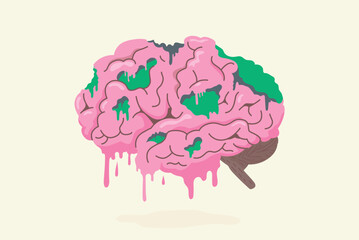 Pink brain rot and melting down . Concept illustration about deterioration of a person's mental, loss concentration, OCD, or intellectual state result of overconsumption of material.