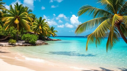Fototapeta premium Beautiful view of Le Diamant Beach in Martinique with turquoise waters and palm trees, Martinique, tropical, turquoise water