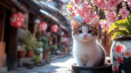 Cute kitten in Japanese alleyway with cherry blossoms