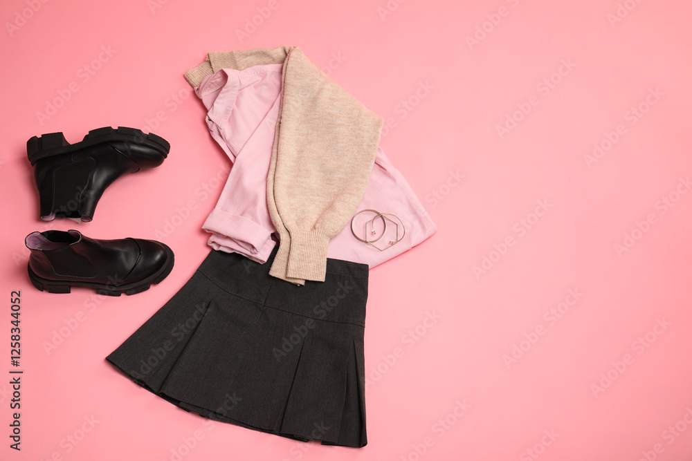 Sticker Stylish clothes, boots and accessories on pink background, flat lay. Space for text