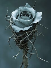 A striking grey rose surrounded by thorns.
