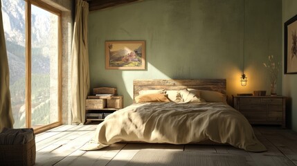 A serene bedroom scene with a rustic wooden bed, soft bedding, and natural light streaming through large windows, creating a peaceful atmosphere.