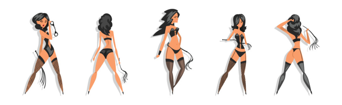Sexy Woman Character in Black Leather Lingerie Vector Set